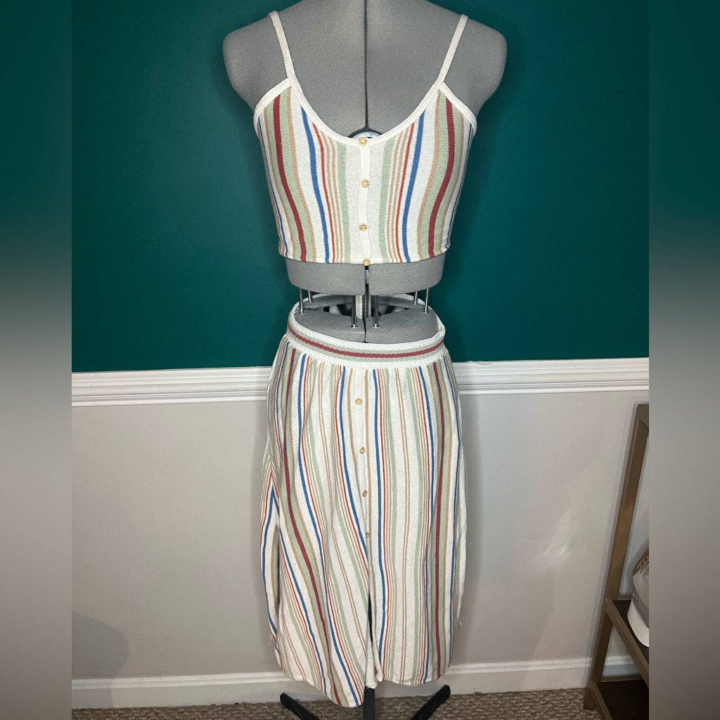 Pull And Bear Striped Knit Skirt Tank Set Button Front Stripes